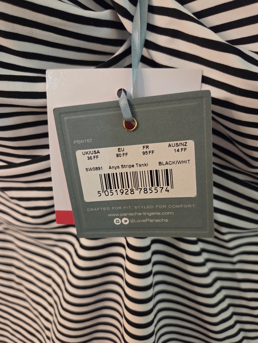 Panache Swim Anya Stripe Bandeau Tankini Top 36FF Convertible Retro Ruched NWT - Picture 7 of 8
